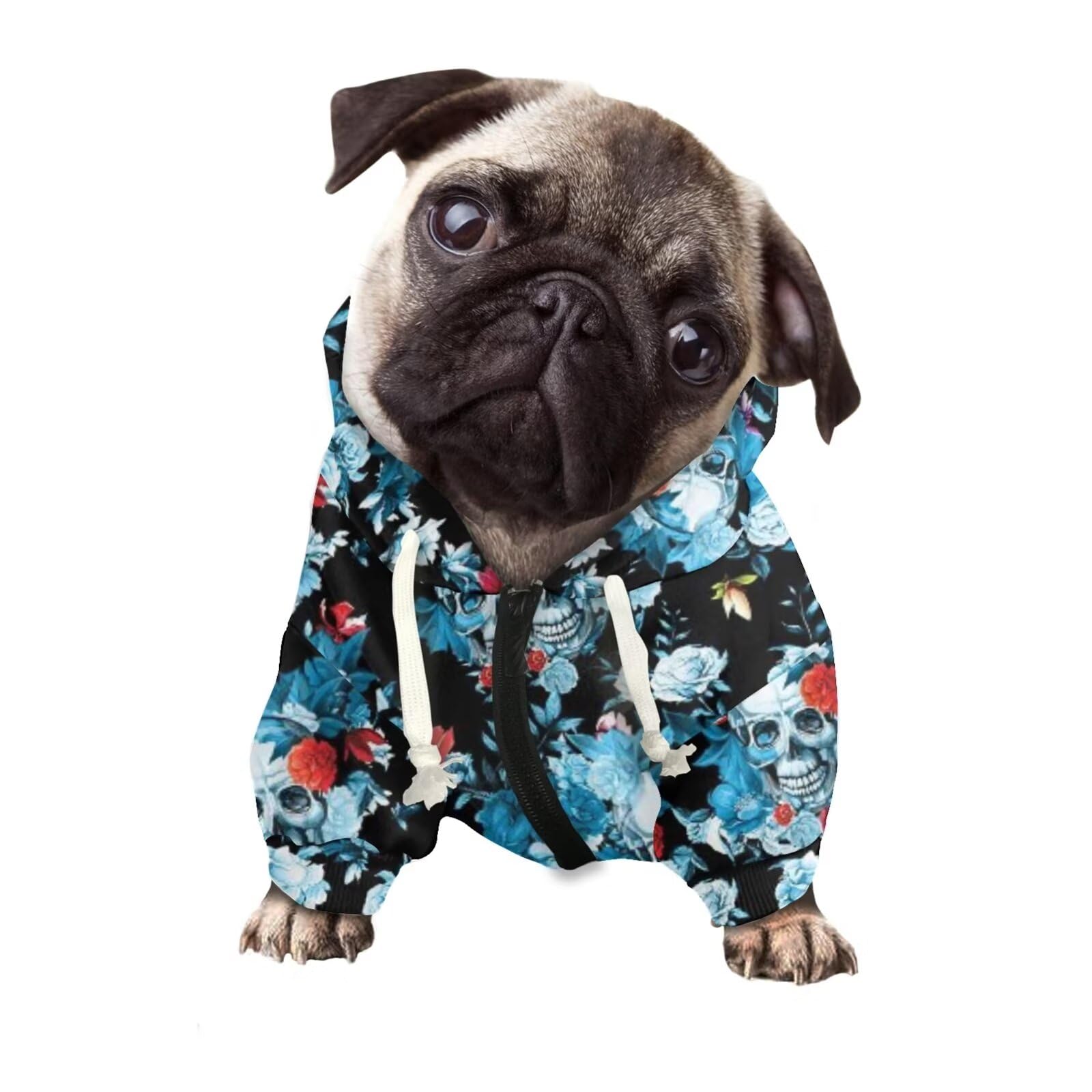 Howilath Dog Zipper Hoodie - Blue Skull Flowers Streetwear Hooded Clothes Apparel Costume Sweatshirt Tracksuits Pet Clothing - S — image 1