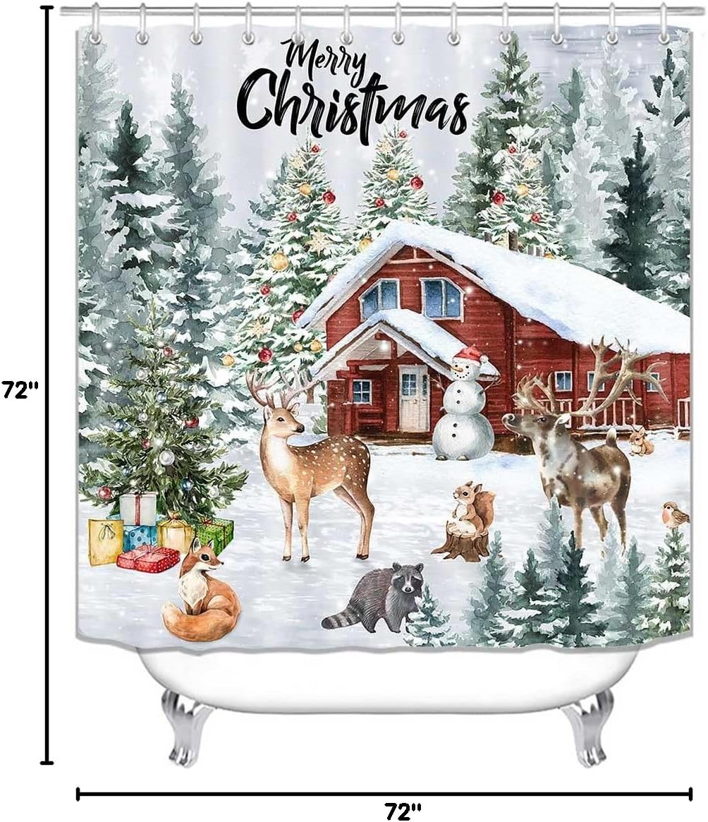 JAYDEN MADGE 4PCS Christmas Shower Curtain Set, Christmas Tree Snowman Forest Wildlife Animal Deer Fox Rabbit Squirrel Raccoon Snow Winter Holiday New Year Christmas Bathroom Decor, Non-Slip Bath Mat