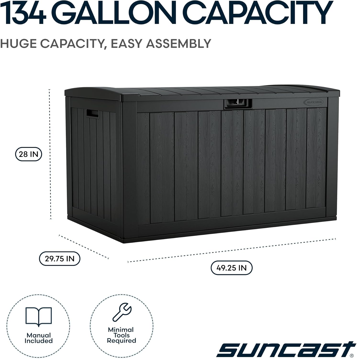 Suncast 134-Gal. Resin Extra-Large Outdoor Patio Deck Box with Pad-Lockable Lid, Modern Outdoor Patio Bench/Storage Box for Cushions, Garden Tools, and More, Iron Ore - Image 3