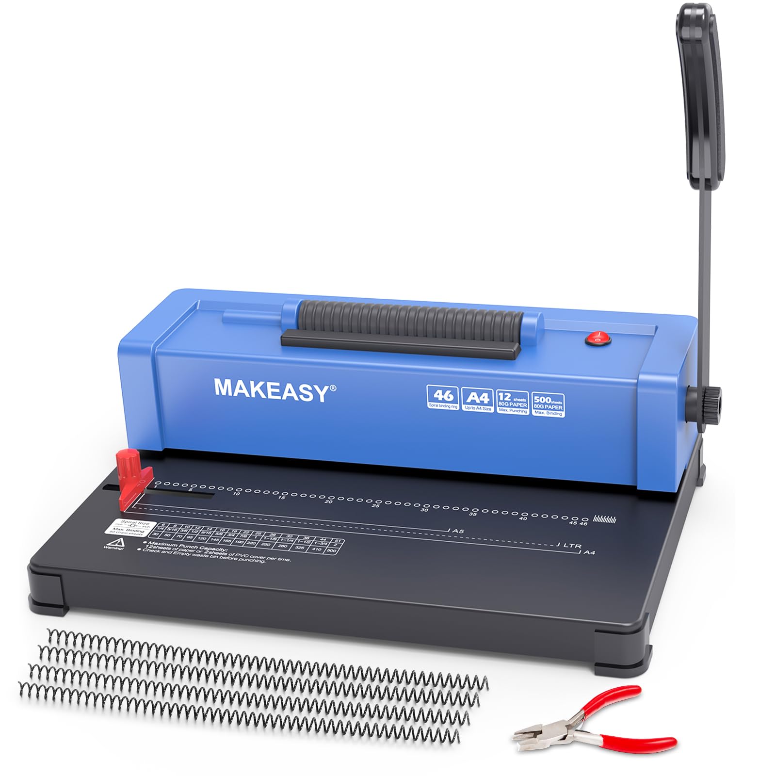 MAKEASY Spiral Binding Machine, 4:1 Pitch, 12 Sheets Punch Capacity, Electric Coil Insert, Book Binder Machine for A4/A5/Letter Size Paper, Comes with