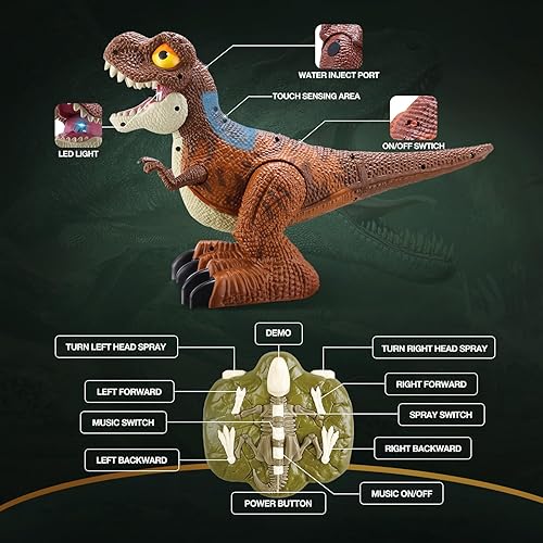 Miniatura 3 de ALLCELE - Juguetes de dinosaurio, tiranosaurio rex RC con luces y música, funciones de demostración automática y pulverización, regalo para niñas y
