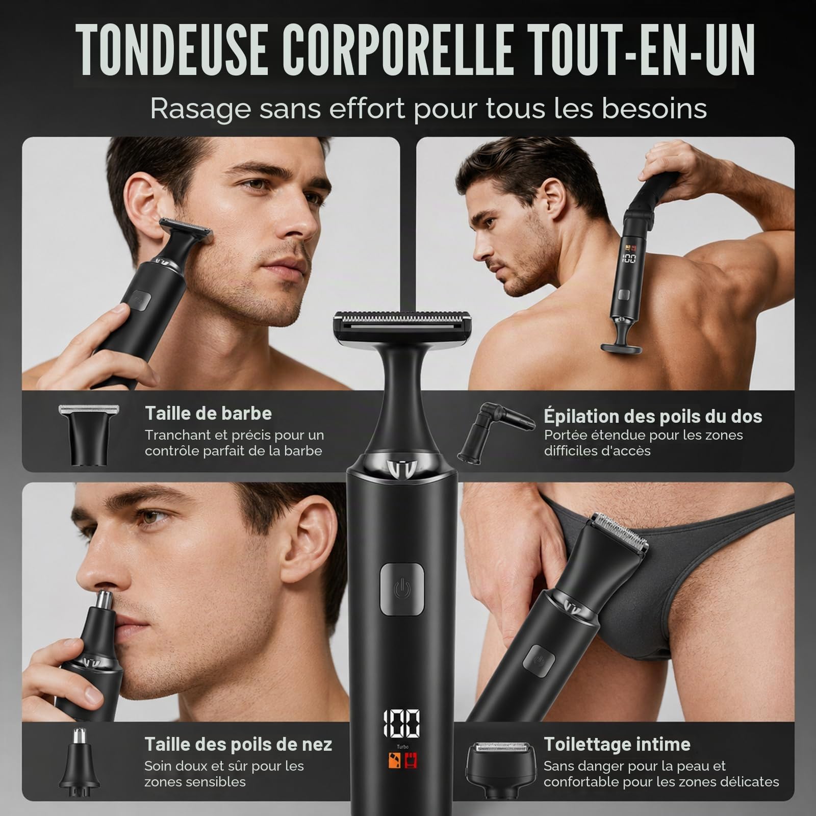 Rasoir de Dos pour Hommes, Tondeuse Corps Homme Kit 5 en 1 avec Bras Auxiliaire Extensible Étanche, pour le Dos, la Poitrine et les Épaules (A)