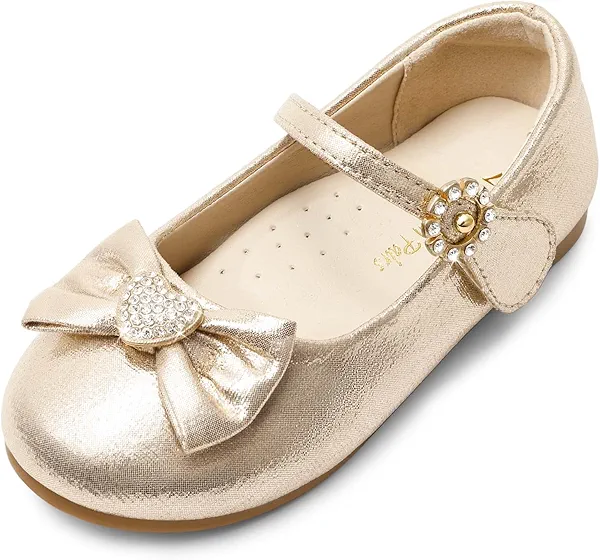 DREAM PAIRS Girls Mary Jane Dress Shoes for Toddler Heart Rhinestone Front Bow Ballerina Flat (Toddler/Little Kid)