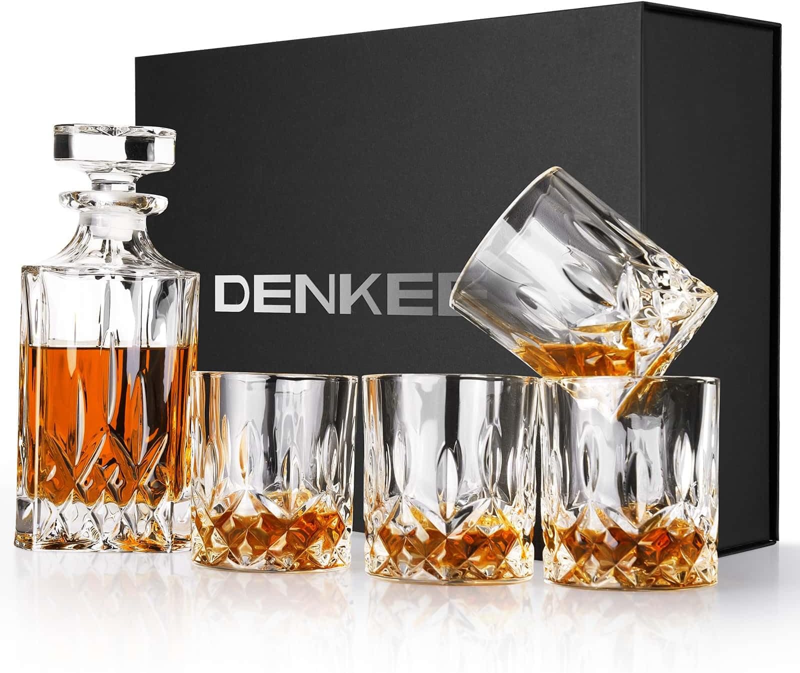 Denkee Whiskey Decanter Set 750ml with 4 Glasses, Crystal Decanter Gift Set with Glasses for Bourbon, Rum, Scotch, Liquor Whiskey Decanter Set for Men Dad Boyfriend Birthday Anniversary