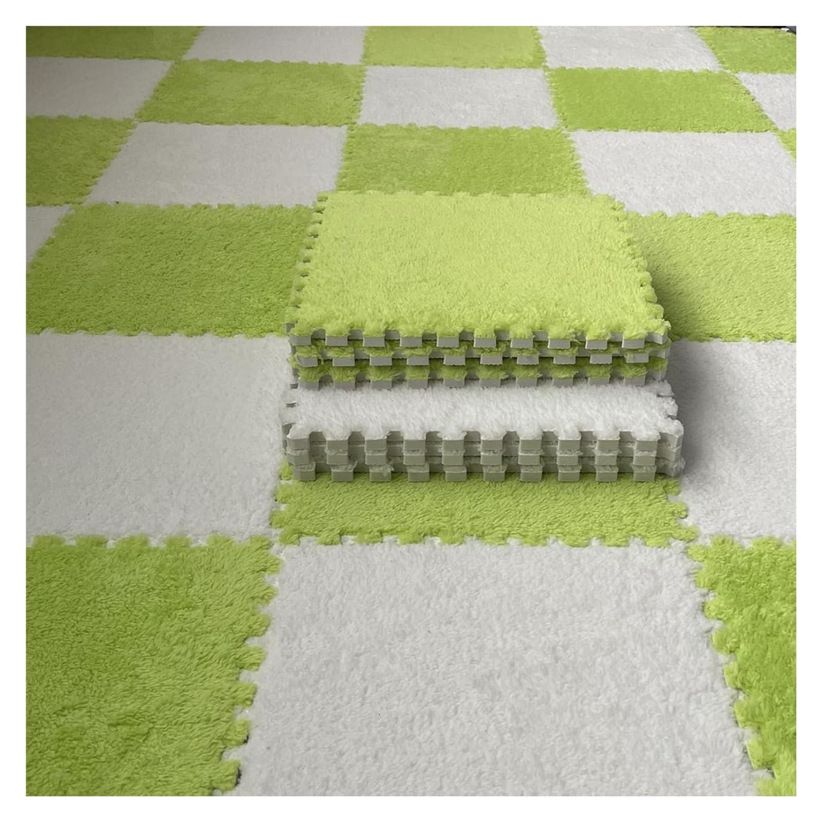 12 szt. Mata do zabawy z płytek dywanowych pluszowej pianki w kwadraty obramowaniem, układanki puszystych(Green+white)