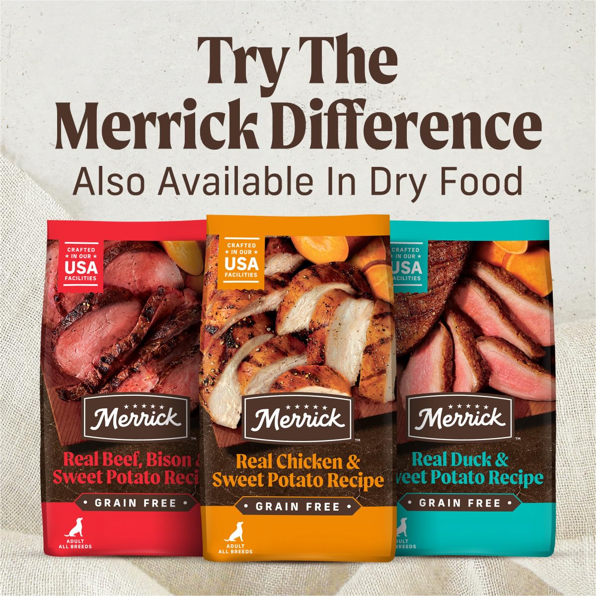 Merrick Grain Free Wet Dog Food, Premium Gluten Free Canned Variety Pack, Beef, Chicken And Turkey Recipes - (1) 12.7 oz. Cans
