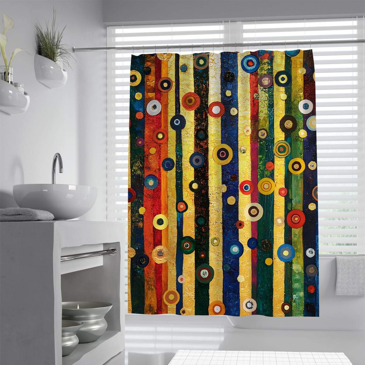 OLLIAR Home Abstract Geometric Shower Curtain 150x180 Colorful Circles Stripe Oil Painting Boho Bath Curtain Waterproof Fabric Bathroom Curtains with Hooks