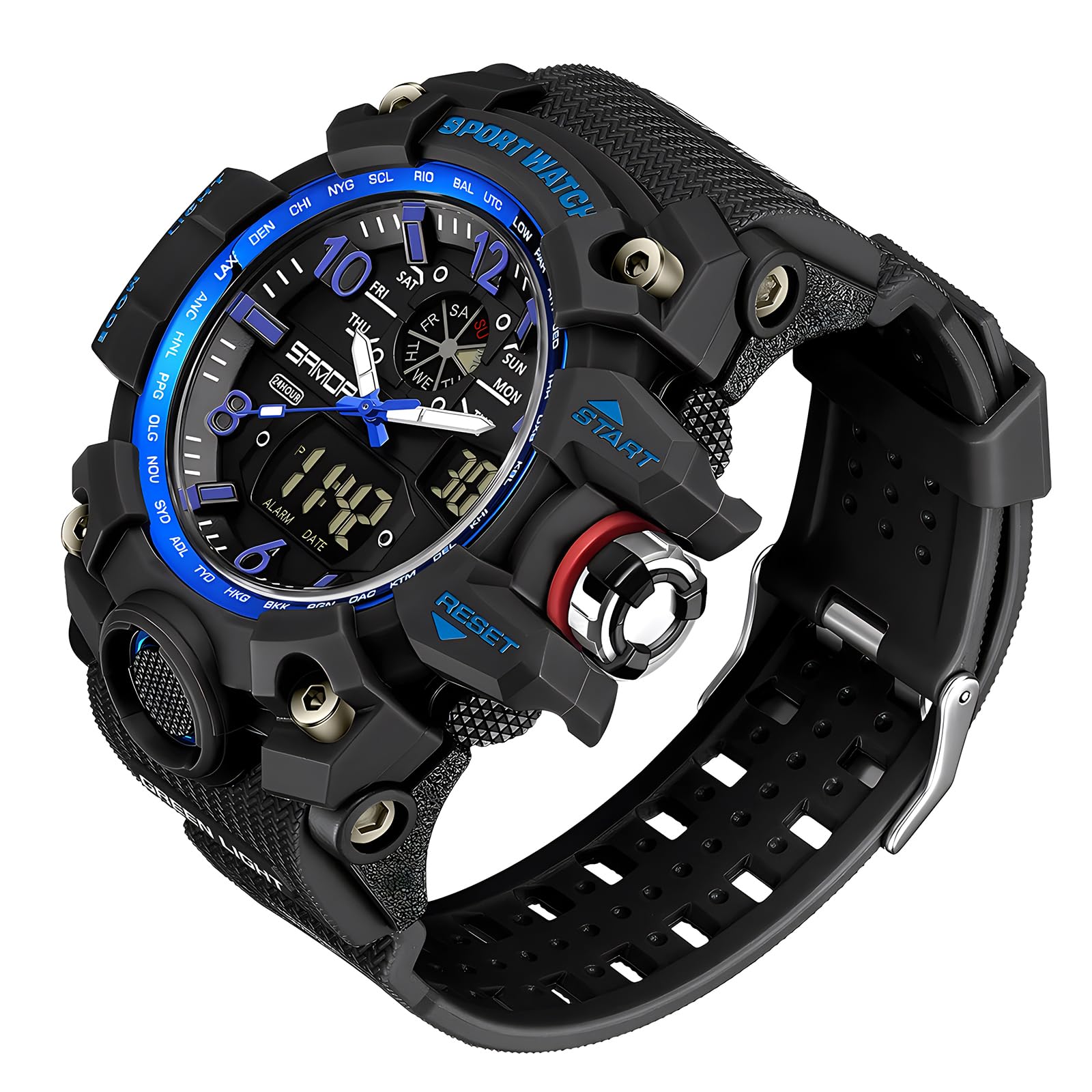 Gosasa Montre analogique numérique de style militaire, grand cadran 5,6 cm, étanche à 50 m, double fuseau horaire, alarme, rétroéclairage LED, chronomètre, bracelet en polyuréthane