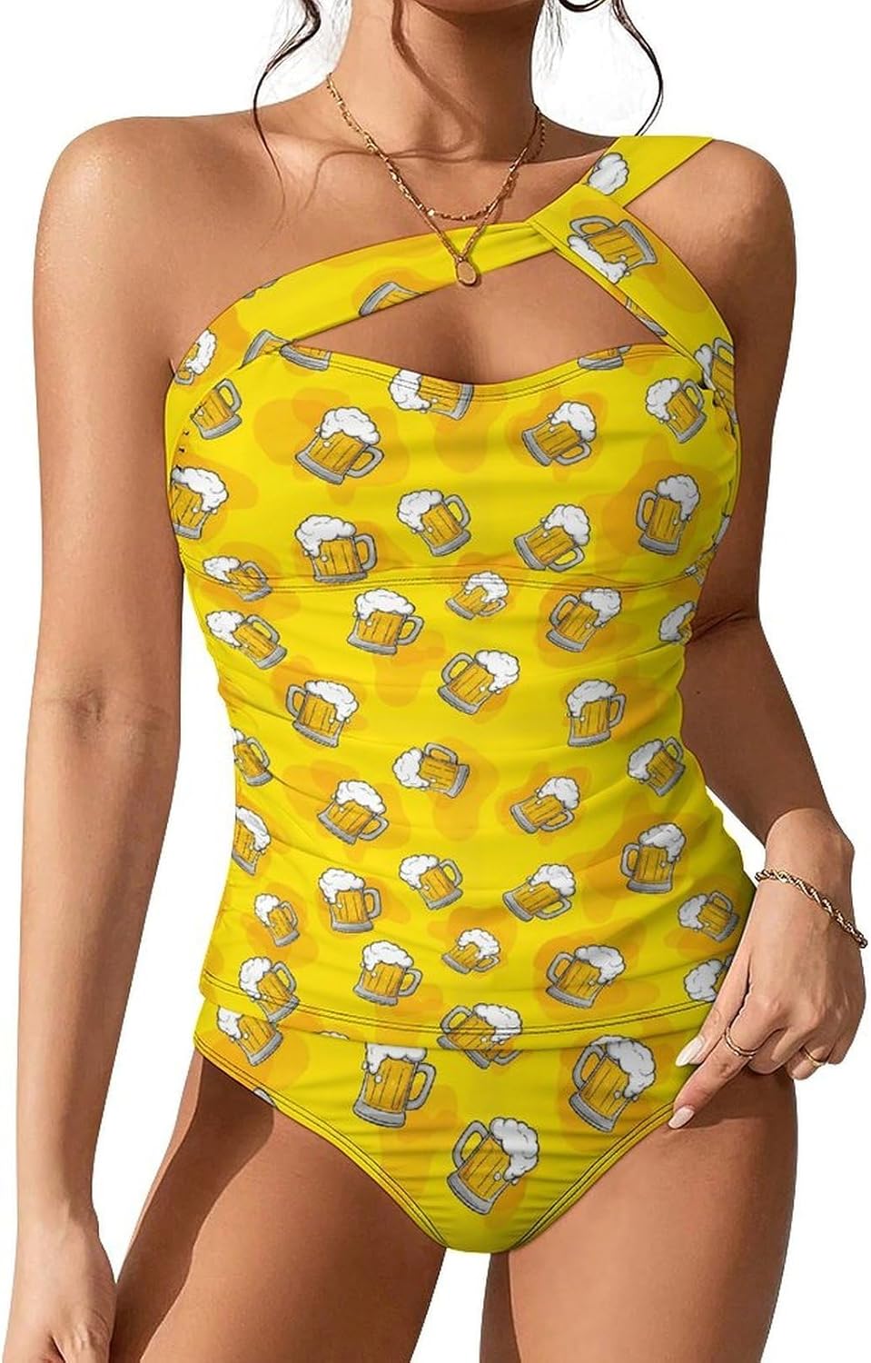 Women's Two Piece Dolphin Tankini Swimsuits One Shoulder Tummy Control Bathing Suits Swim Tops with Bottom Swimwear XXL