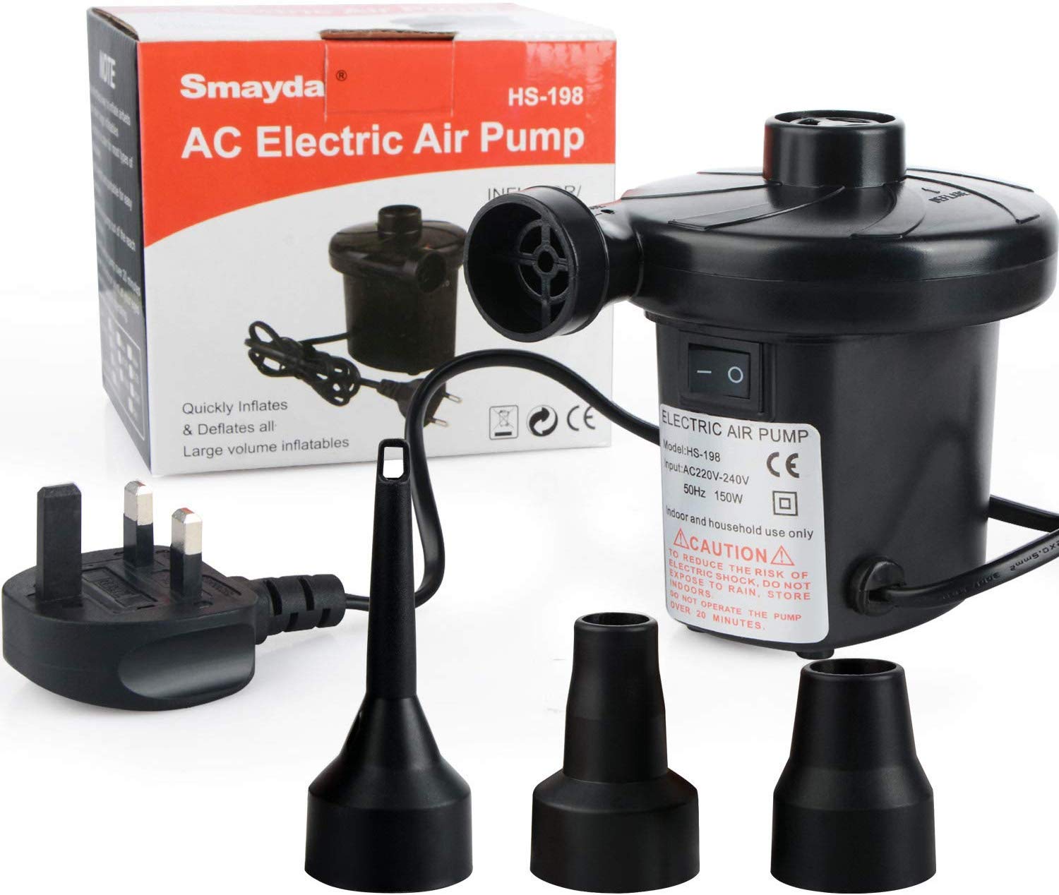 MOOBOM Mini Electric Air Pump, 240V Plug Automatic Inflatable Boat Pump with 3 Nozzle Adapters,Universal Valves Inflates Deflates for Home Holiday Camping Airbed,kids Paddling Pool Toys,Air Mattress