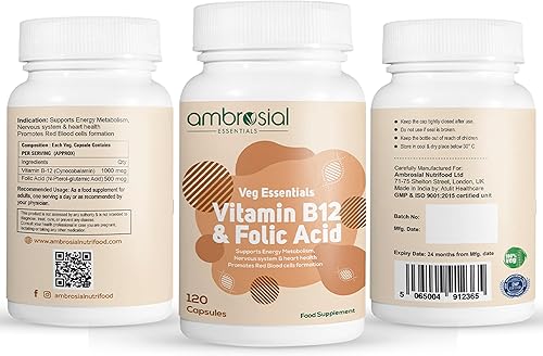 Miniatura 13 de AMBROSIAL Vitamina B12 1000 mcg + 500 mcg de ácido fólico B12 y folato para reducir el cansancio y la fatiga Suplemento de energía y apoyo