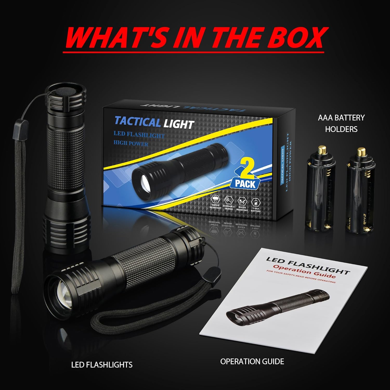 LED Flashlight Water Resistant Military Grade 2000 Lumens 3 Modes Zoom Function Ultra Bright Torch,2-Pack