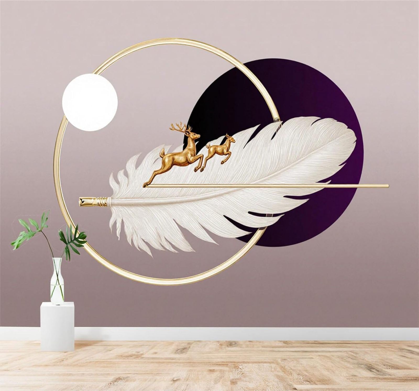 XLMING Golden Deer Feathers Moon Geometric Art 3D Wallpaper Premium Textured Silk Study Dining Living Room Bedroom Sofa TV Wall Easy Install-430cm×300cm