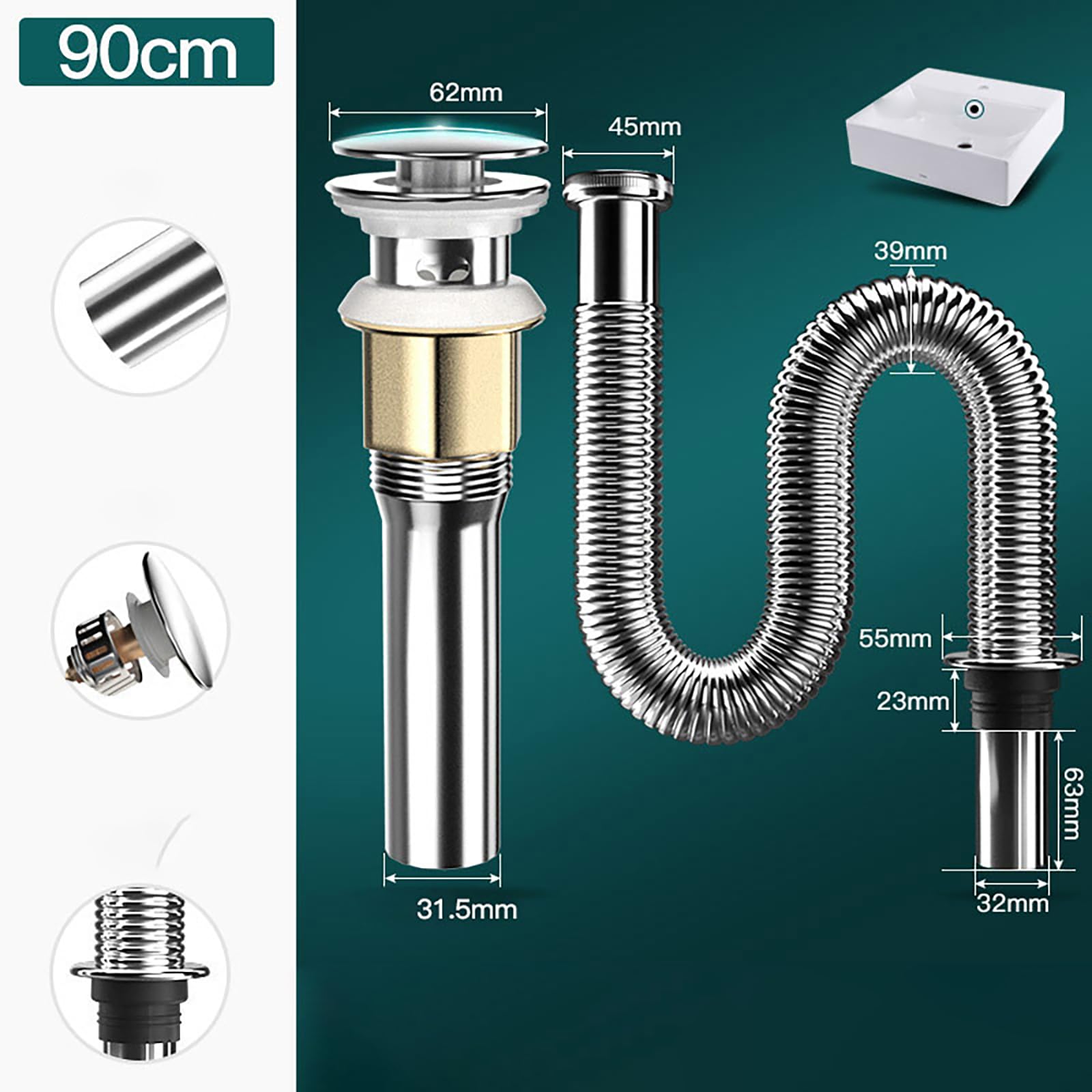 Siphon Waschbeckenaus Edelstahl,Überlauf,Pop Up Ablaufventil,Flexibles Gewelltes Abflussrohr,Geruchsverschluss Waschbecken Syphon für Abflussrohre