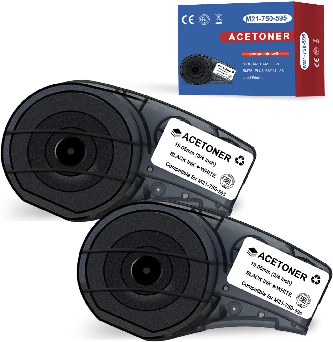 M21-750-595 2 Pack Compatible for (M21-750-595-WT) All-Weather Vinyl Label for Indoor/Outdoor ID, Black on White- for M210, M210-LAB, M211, BMP21-PLUS and BMP21-LAB Printerss, 0.75" W 21" L