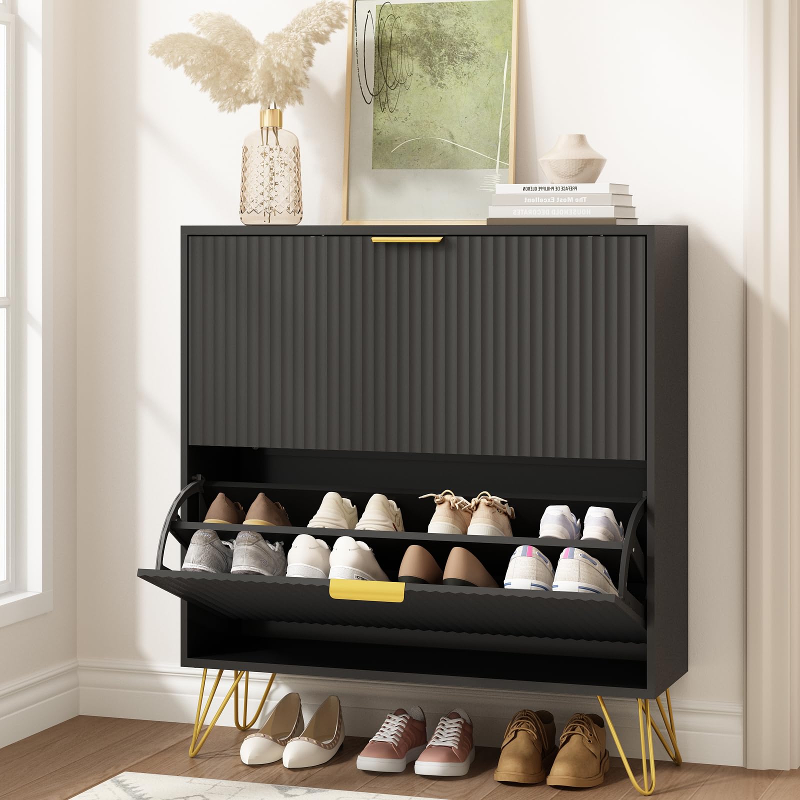 NOVAMAISON Shoe Cabinet with 2 Flip Drawers, Fluted Black Shoe Storage Cabinets, Hidden Shoe Cabinet Storage for Entryway Slim, Modern Freestanding