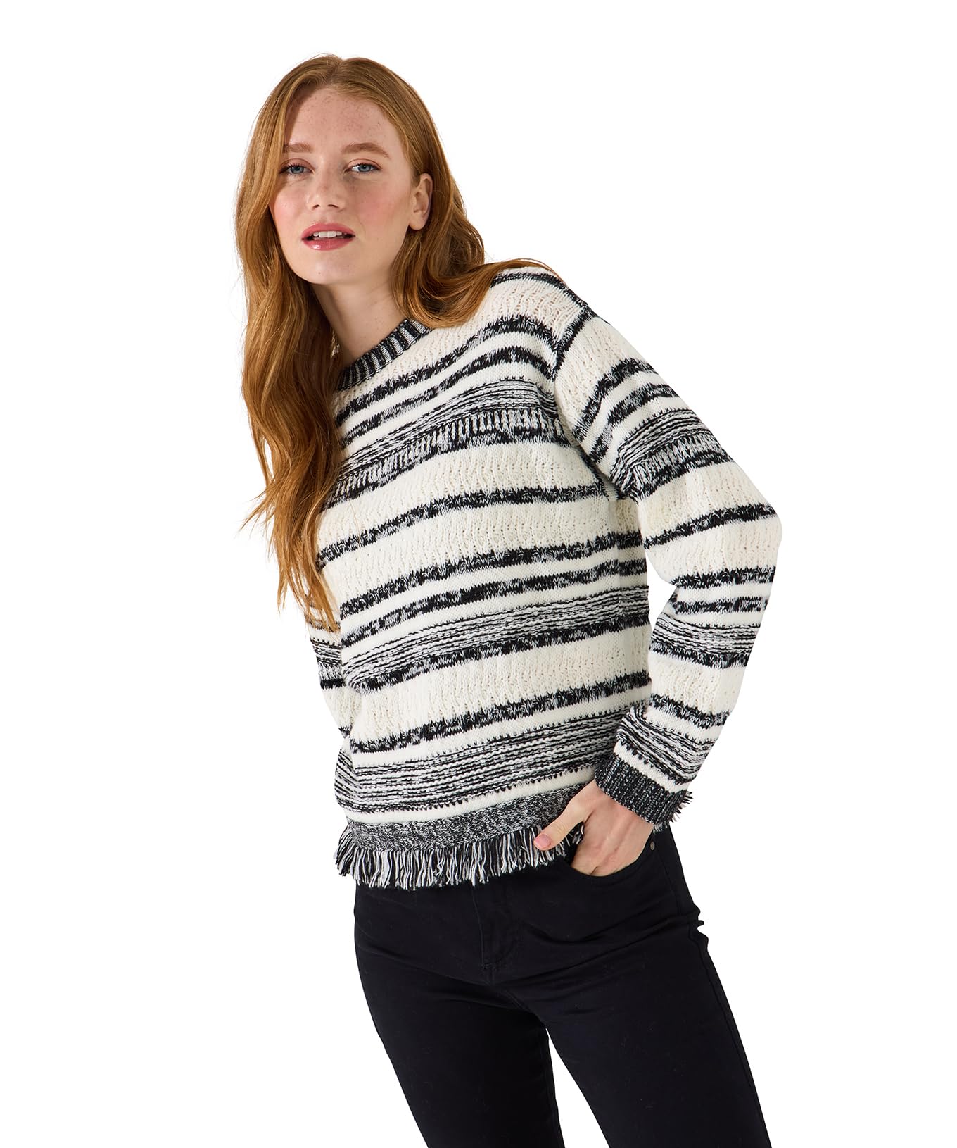 Joe Browns Women's Black Striped Fringed Jumper In | Size: 18