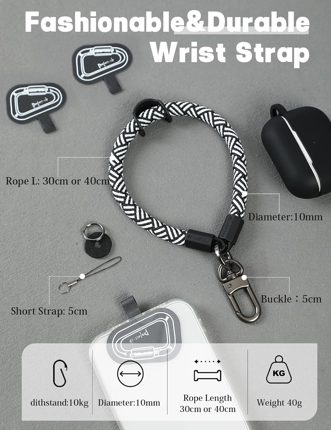 project-cb Hand Wrist Phone Strap,Phone Lanyard Patch ×2,Cell Phone Case Holder,Wristlet Strap for Key,AirPods,Camera (White-Black, 12inch) - Image 3