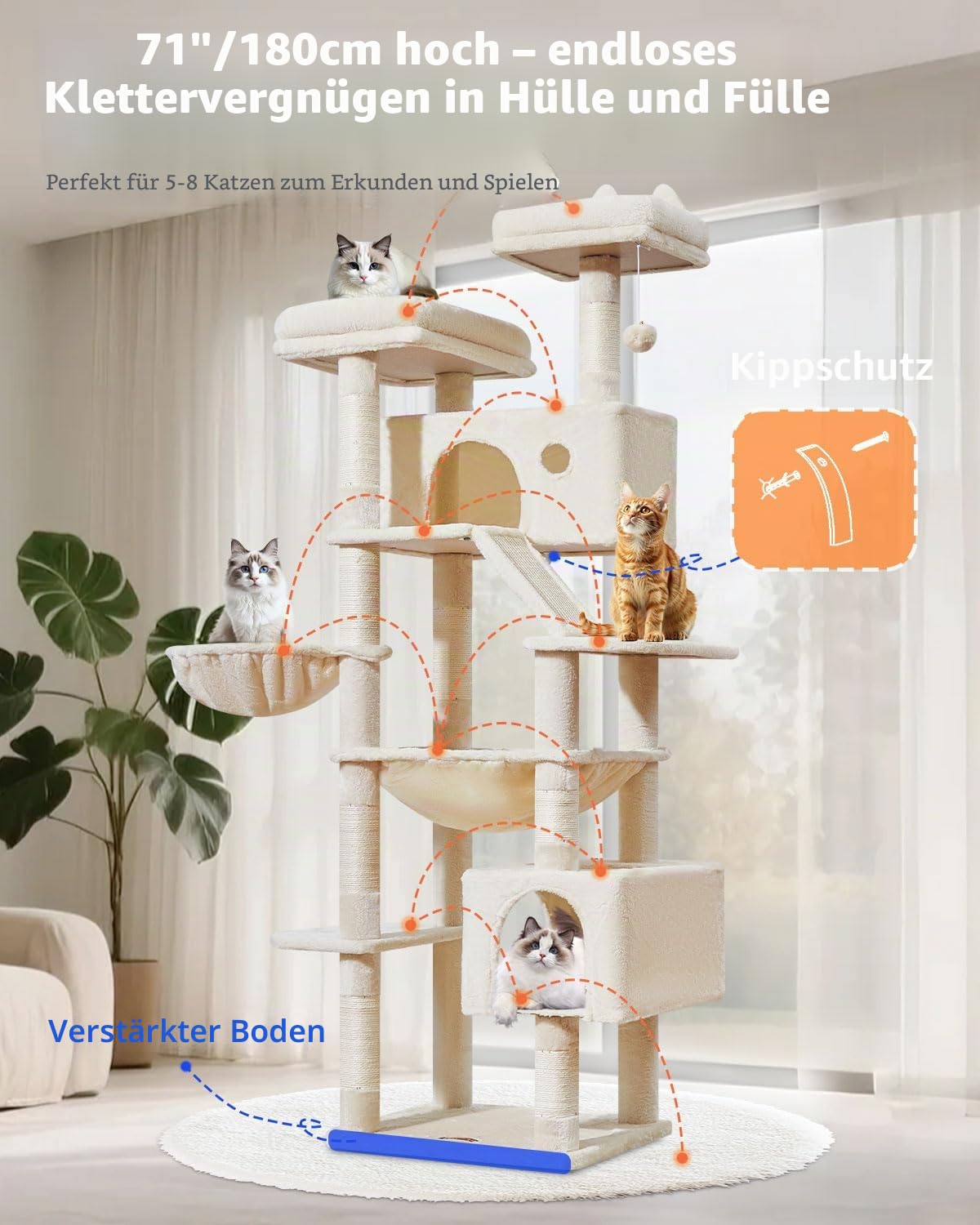 Taoqimiao 180CM Kratzbaum Groß, Katzenbaum Katzen Kratzbaum Grosse Katzen Stabil mit 2 Katzenhaus, Metallhängematte, Korb, 8 Kratzsäulen, Katzenkratztafel, MS026LM Beige