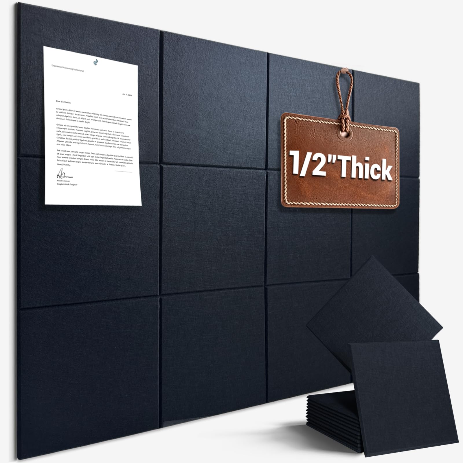 Large Cork Board for Office Wall Decor,48"x36"-12 Pack Felt Wall Tiles with Safe Removable Adhesive Tabs, 1/2" Thick, Felt Bulletin Board Pin Board