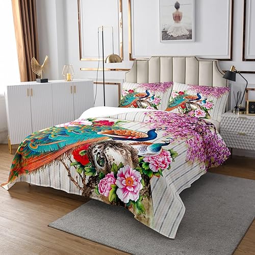 Castle Fairy Colcha de pavo real, diseño de flor de poney rosa, líneas geométricas de plumas de pájaro, juego de ropa de cama acolchado decorativo