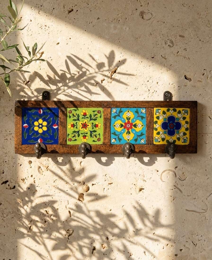 Wooden Wall Hook Board with Blue Pottery Ceramic Tiles | 4 Metal Hooks Decorative Key Holder Rack | Rustic Wall Organizer for Entryway Kitchen Bathroom Bedroom Home Décor-image-8