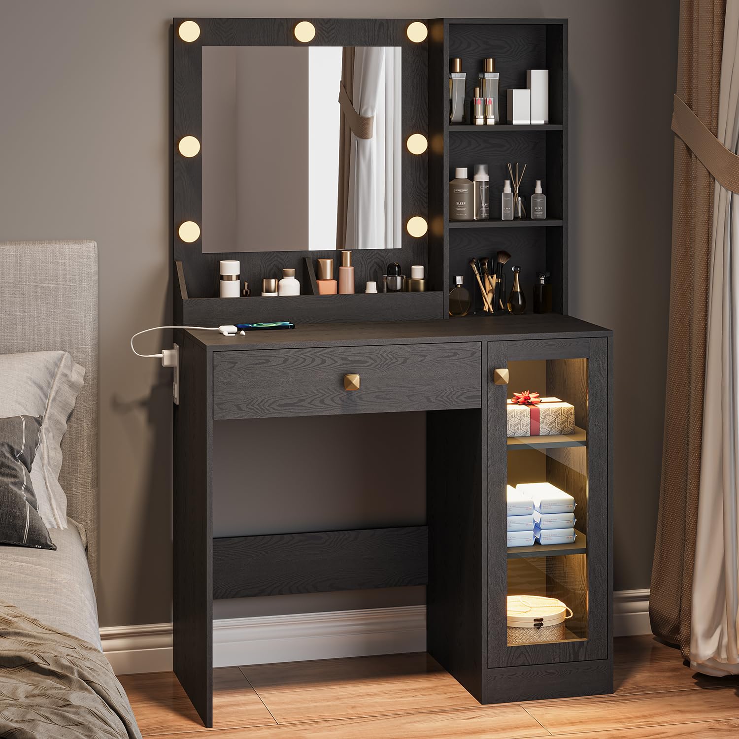 Wodeer Small Makeup Vanity Desk with Mirror and Lights, Vanity with Glass Cabinet, LED Lights &amp; Power Outlet, Drawer &amp; RGB Glass Cabinets, Adjustable Lighted Dressing Table for Women &amp; Girls Bedroom