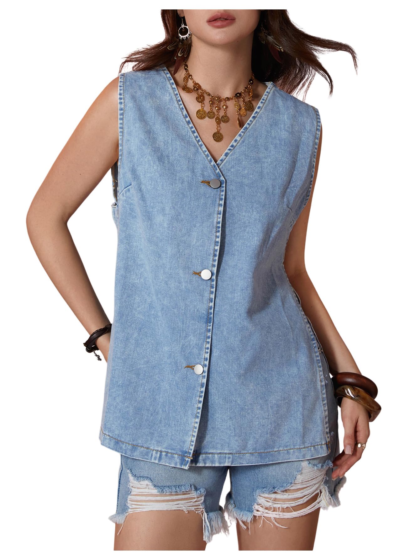 Womens Y2k Button Down Denim Vest Side Slit V Neck Sleeveless Tops Concert Festival Outfits