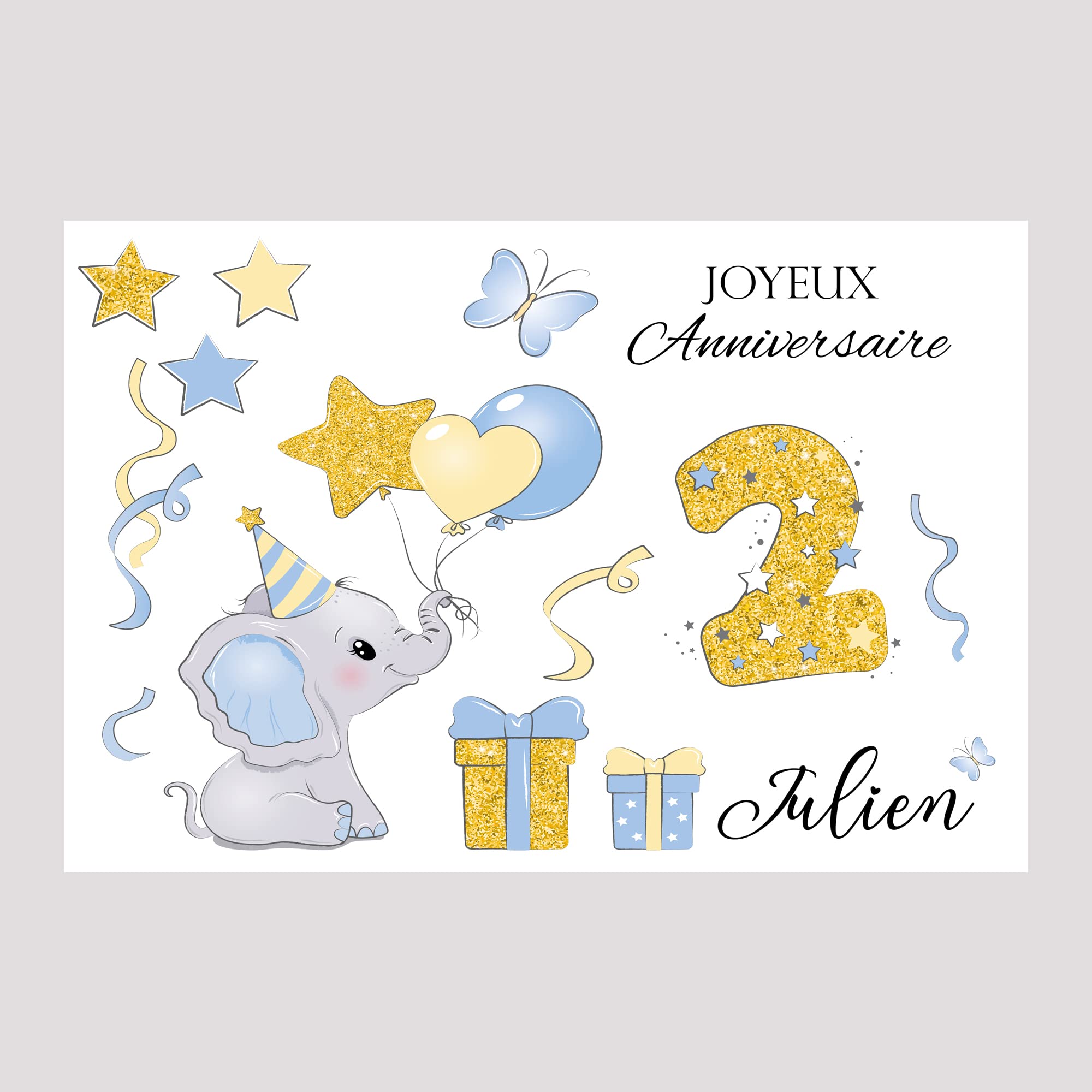 Carte joyeux anniversaire Eléphant garçon fille 1-3 ans personnaliser prénom âge papier glacé enveloppe