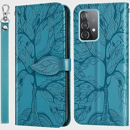 MEUPZZK Samsung Galaxy A52 Case, Samsung A52 5G A52 4G A52s 5G Wallet Case, Embossed Tree Premium PU Leather Kickstand Card Slots Wrist Strap 6.5