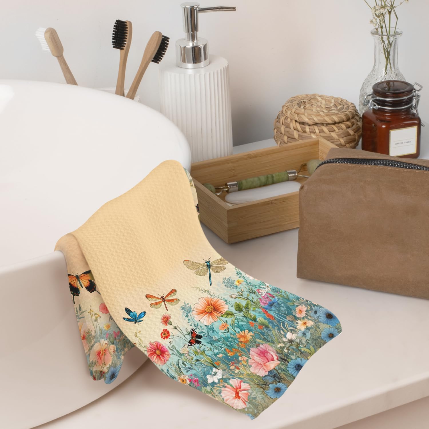 Colorful Butterfly Floral Kitchen Towels Decorative, Cottagecore Dragonfly Wildflower Botanical Dish Hand Tea Towels, Rustic Kitchen Bathroom Decor, 16x24 Inch image 5