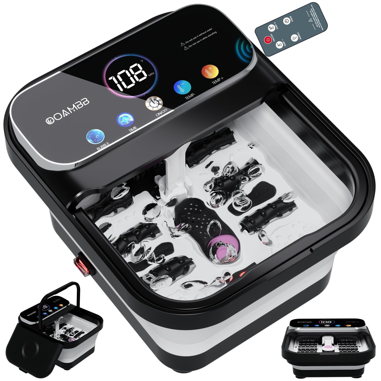 OOAMBB Zusammenklappbare Fuß-Spa-Badewanne mit Fernbedienung, Wärme- und Blasen- und Timer, Schwarz | XL Farb-Touchscreen, 6 nicht motorisierte Rollen, 4 Shiatsu-Massagen, Fuß-Einweichwanne, Pediküre-Fuß-Spa für Stressabbau