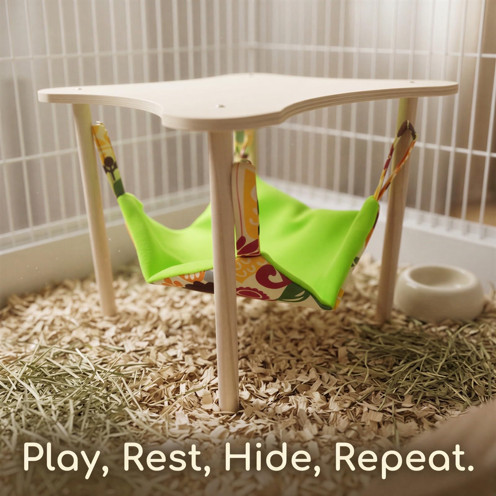 Meerschweinchen-Hängematte, 2-in-1 Hängesitz für Chinchillas und Hamster, Holz-Standplattform 11,0 x 11,0 x 9,5 Zoll, zum Ausruhen, Klettern und Schlafen, grün gemustertes Hängeversteck