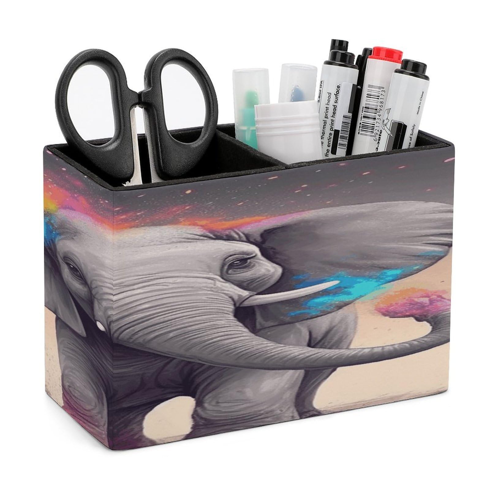 FekiLoot Animal Cartoon Elephant Leather Pen Holder for Desk Double Compartments Brush Minimalist PU Leather Pencil Holder Locker Organizer for Work Locker Accessories Pencil Cup for Desk