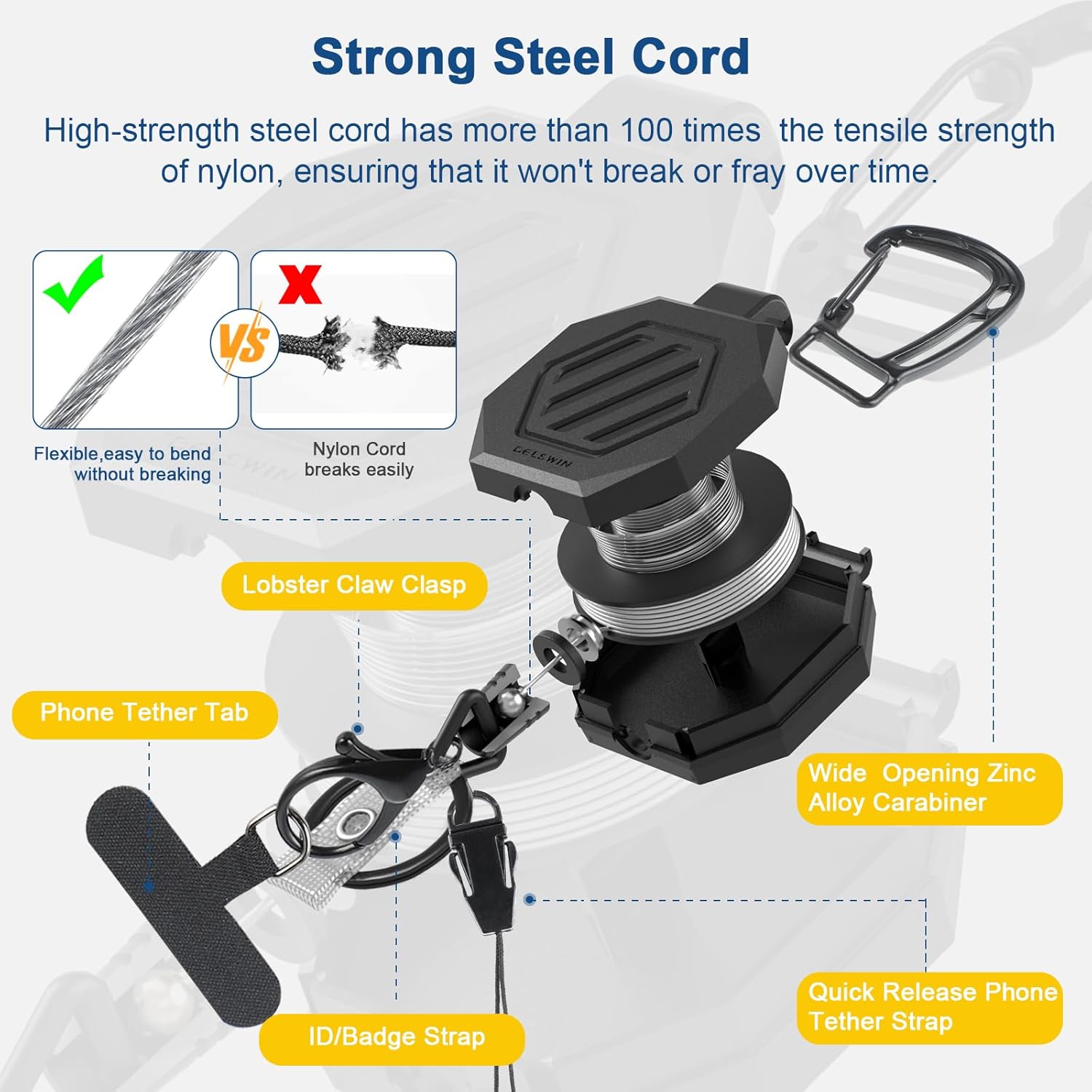 DELSWIN Heavy Duty Retractable Keychain, Badge Holder Retractable Clip, Badge Reel with 31”Steel Cord, Key Ring, Lobster Claw Clasp and Phone Tethers (2 Pack) - Image 2