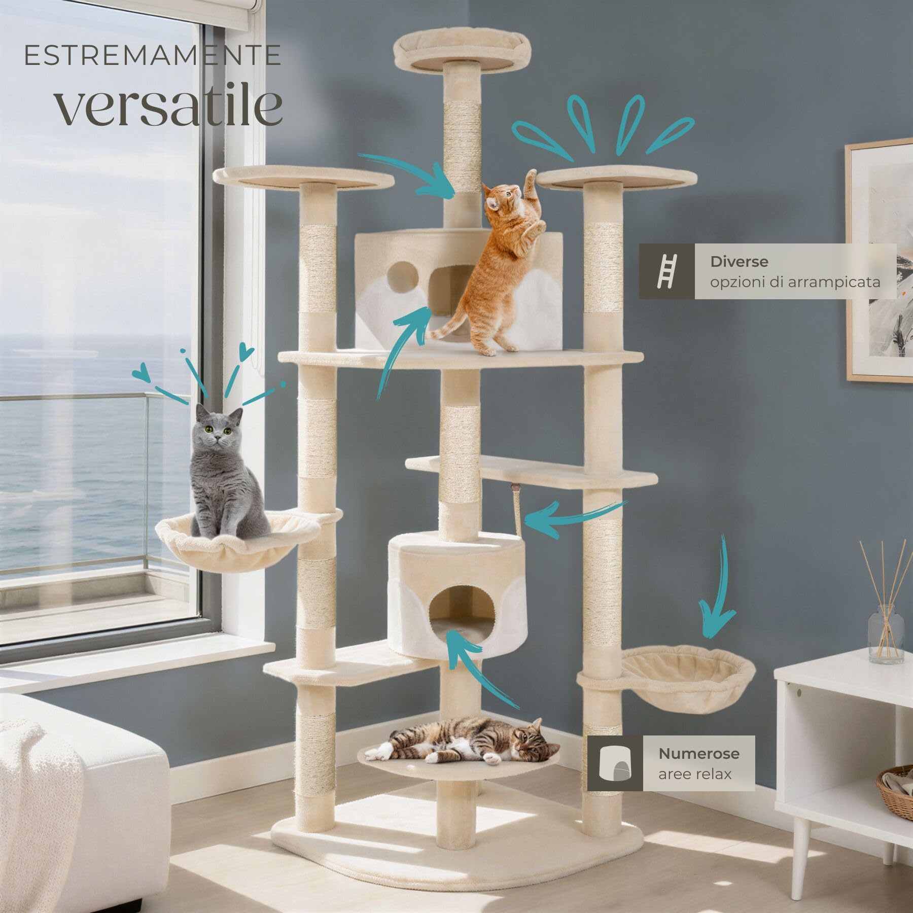 tectake® Tiragraffi per Gatti, Albero con 2 Casette, 4 Piattaforme, Tiragraffi con Amaca per Gatti, Albero con Conche Orientabili e Cordicella per Gioco - 201 cm - Beige/Bianco