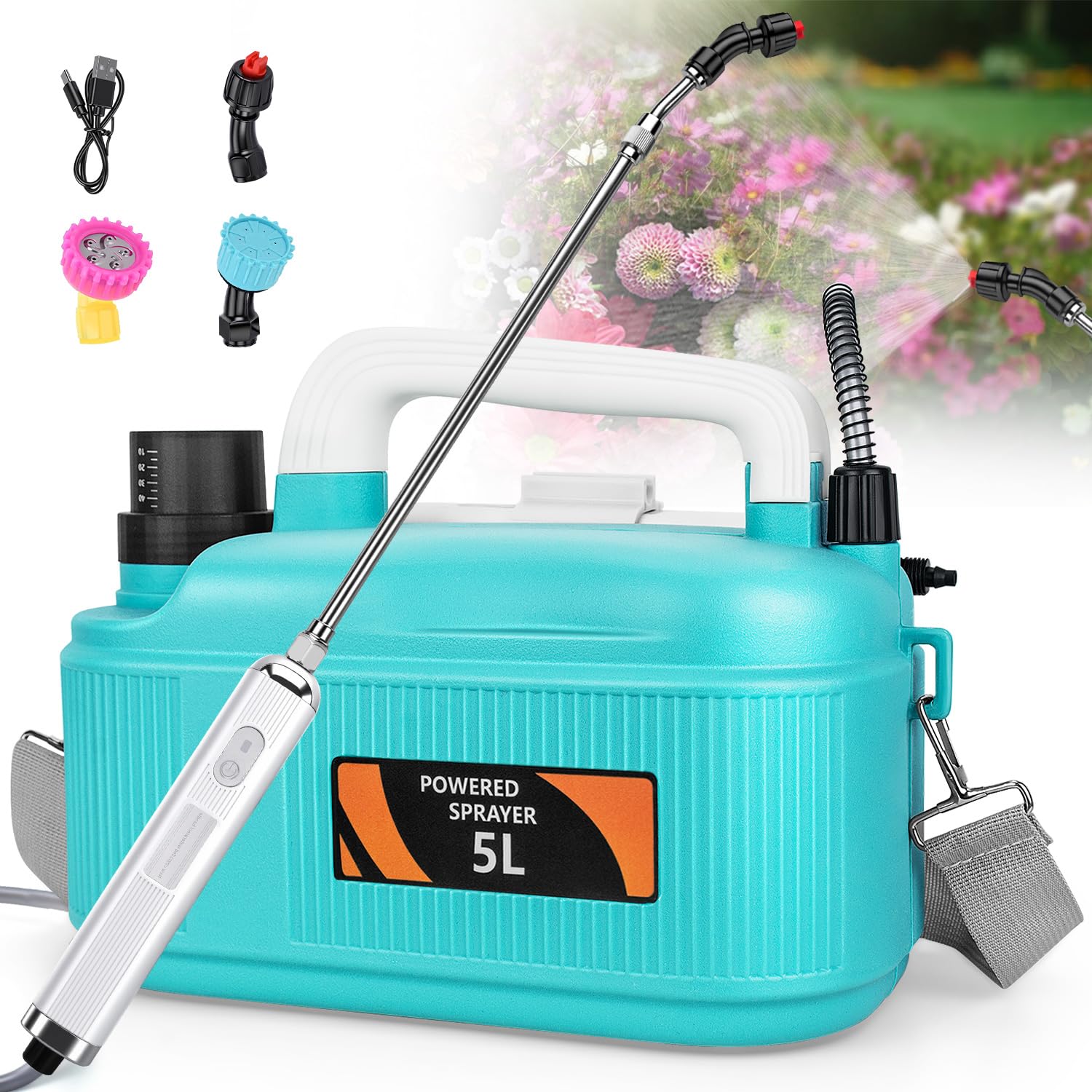 Battery Powered Garden Sprayer 5L, Electric Weed Sprayer with 3 Mist Nozzles, USB Rechargeable Handle, Retractable Wand and Adjustable Shoulder Strap for Lawn Garden