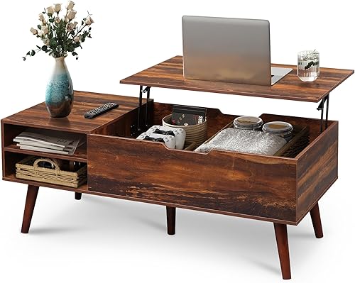 Miniatura 18 de WLIVE - Mesa de centro de madera con parte superior elevable, compartimento oculto y estante de almacenamiento ajustable, mesa elevable para comedor