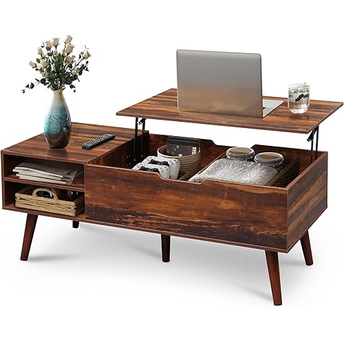 WLIVE Coffee Table, 47“ Lift Top Coffee Tables with Adjustable Storage Shelf and Hidden Compartment, Lift Tabletop Dining Table for Living Room, Rustic Oak