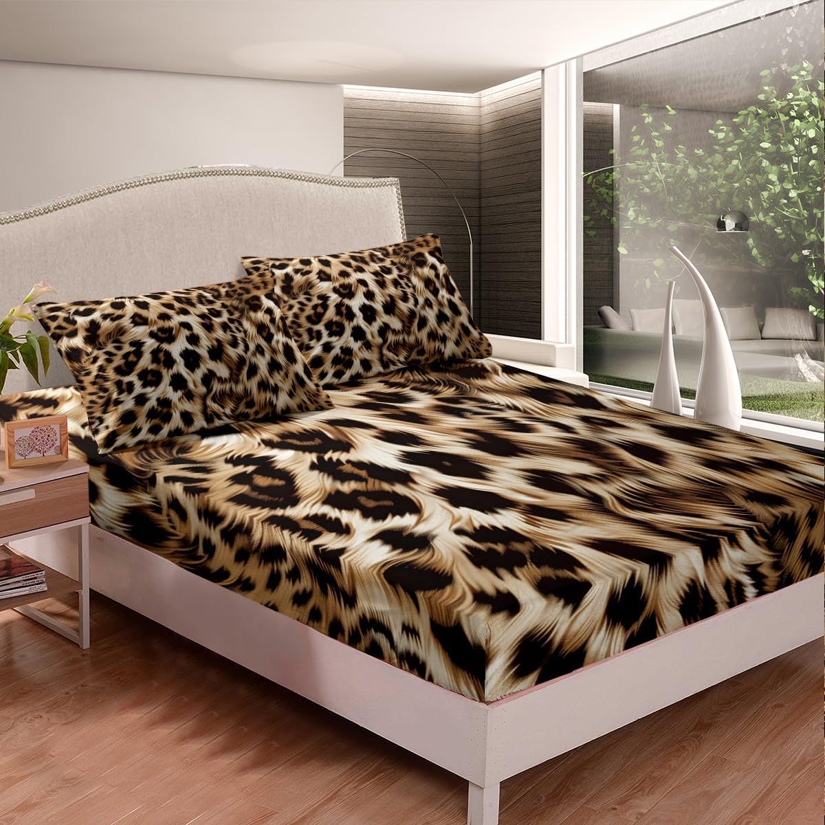 Feelyou Leopard Print Bed Sheet Set Cheetah Print Bedding Sheets for Kids Boys Girls Wild Animal Print Bedding Fitted Sheet Leopard Fur Bed Cover 1 Bed Sheet Set with 1 Pillowcase Twin Size