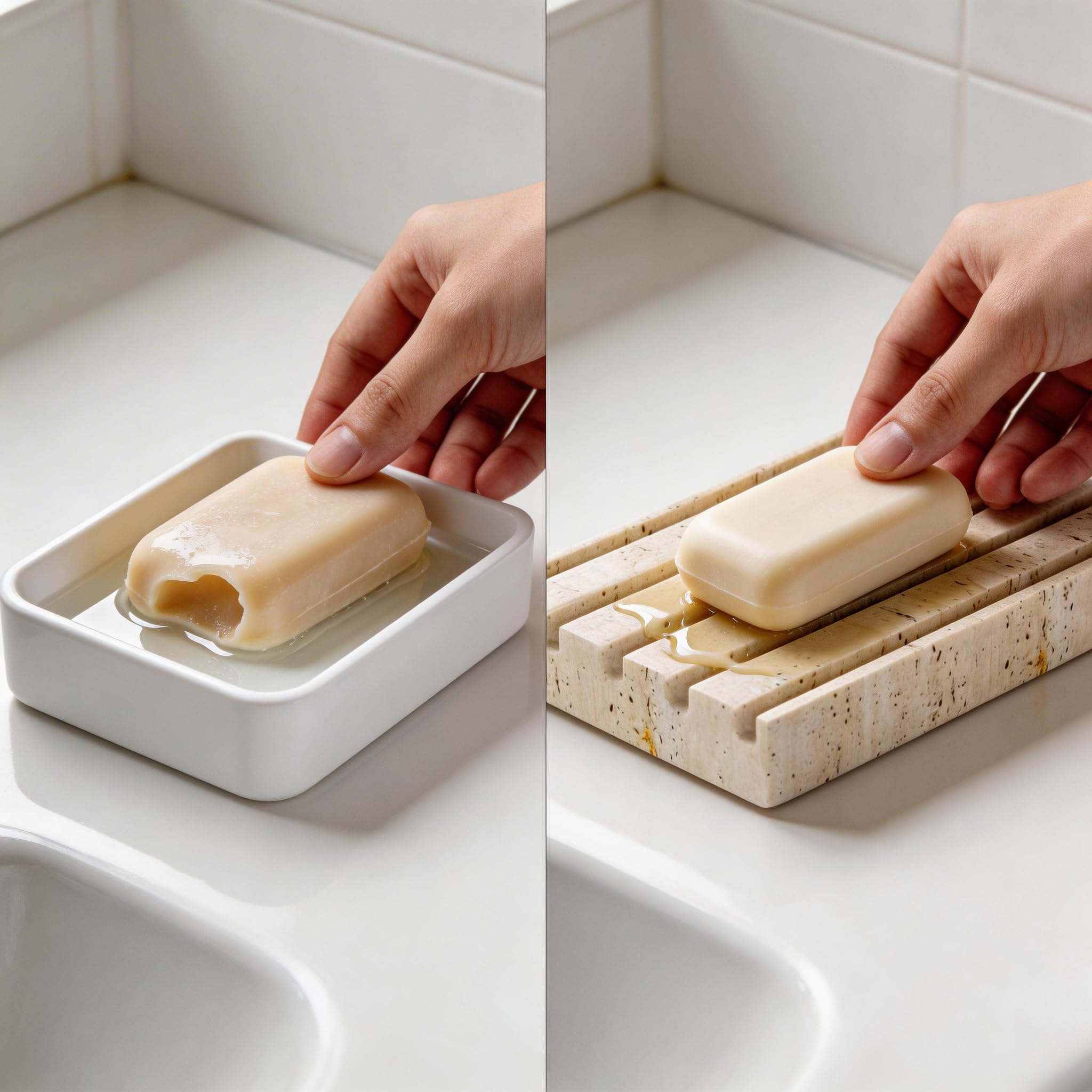 Jabonera beige, soporte para jabón de travertino natural, soporte para jabón de baño, plato de esponja con diseño autodrenante, adecuado para ducha, tocador, cocina, fregadero.