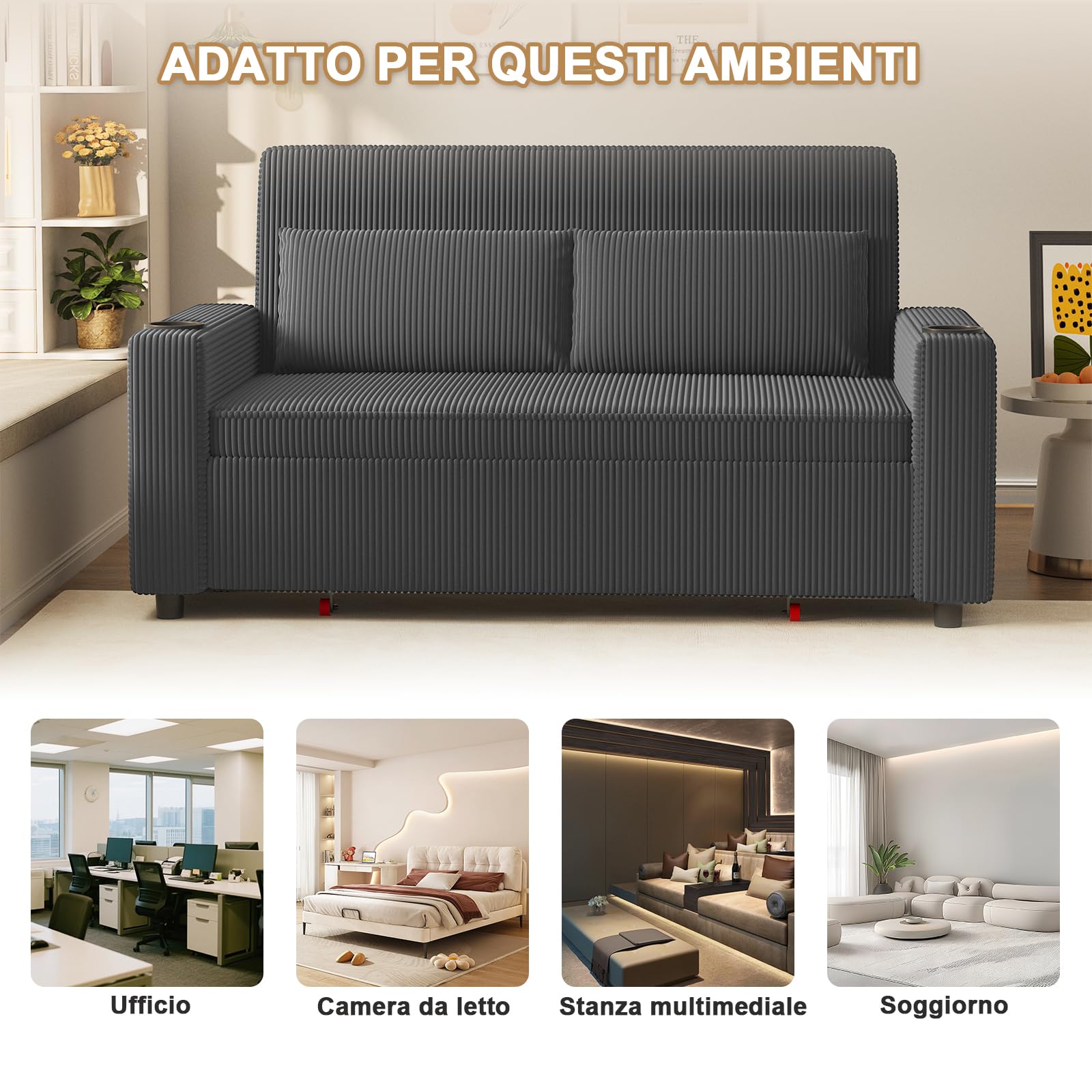 JUMMICO Divano Letto 2 Posti in Velluto Divano Matrimoniale Prontoletto Estraibile con Schienale Regolabile in 5 Posizioni per Soggiorno, Camera da Letto o Ufficio, 75P x 160L x 93H cm, Grigio
