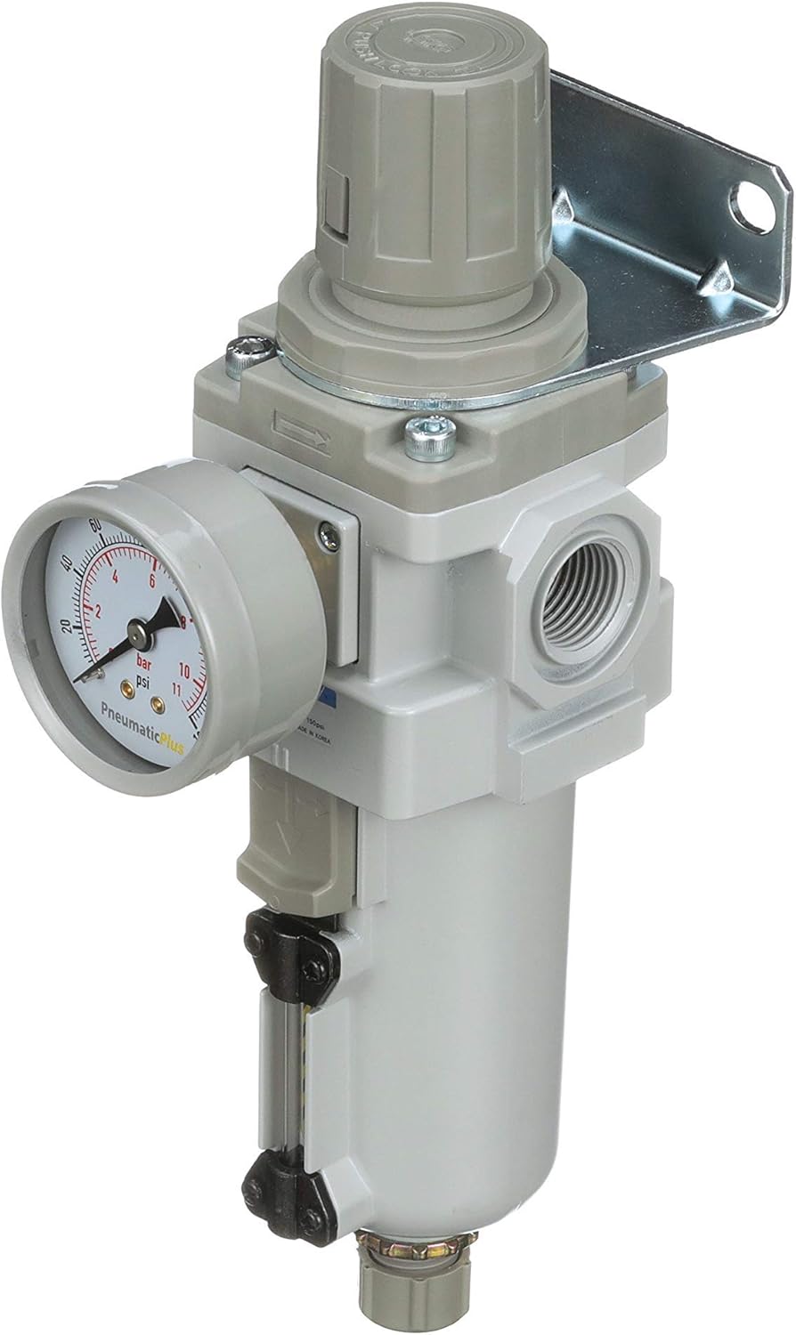 PneumaticPlus SAW400-N04BG-MEP Compressed Air Filter Regulator Piggyback Combo 1/2" NPT - Metal Bowl, Manual Drain, Bracket, Gauge - Image 5