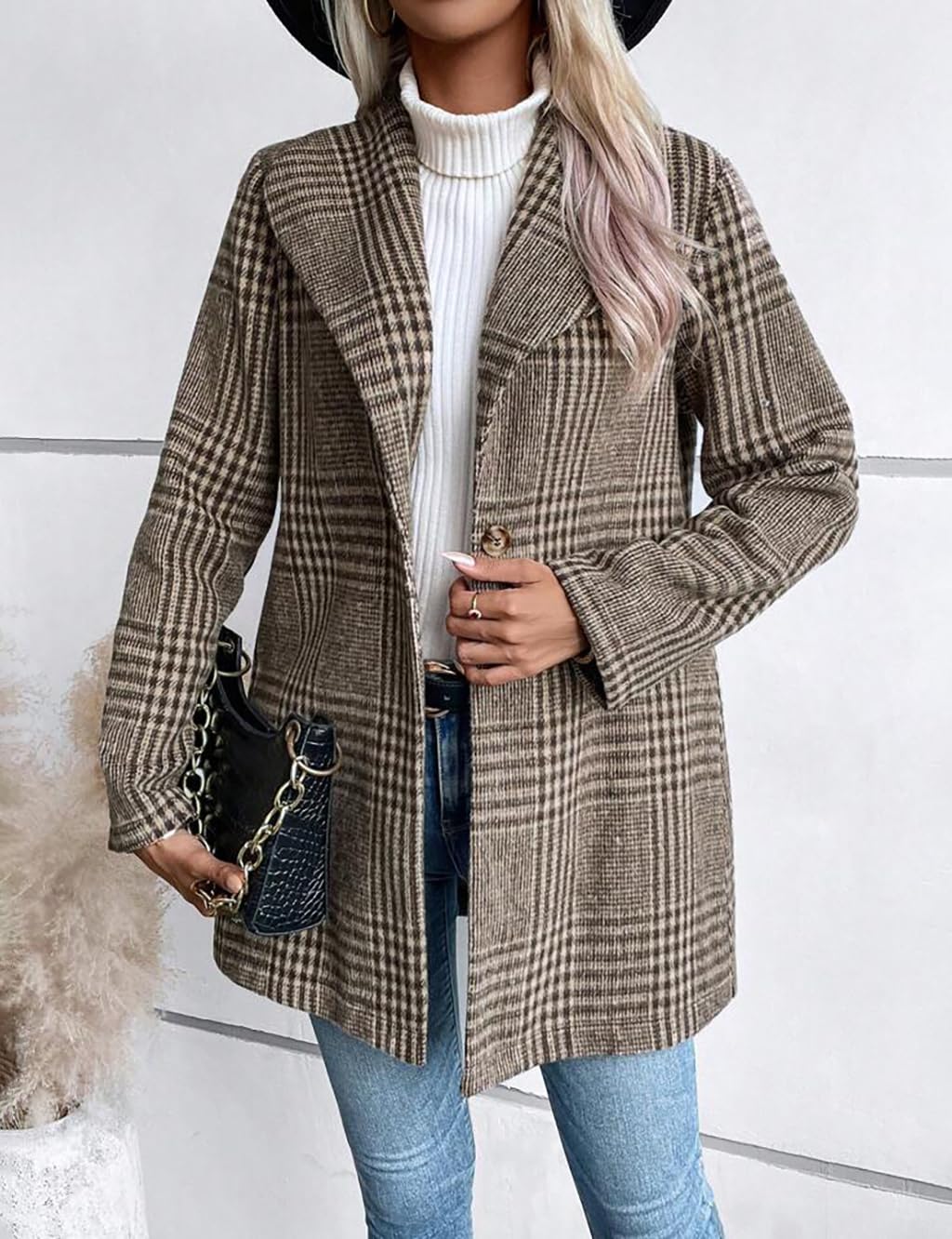 IDEALSANXUN Blazer largo de lana a cuadros para mujer, trajes de otoño e invierno, gabardina de manga larga, casual, elegante, chaqueta con solapa