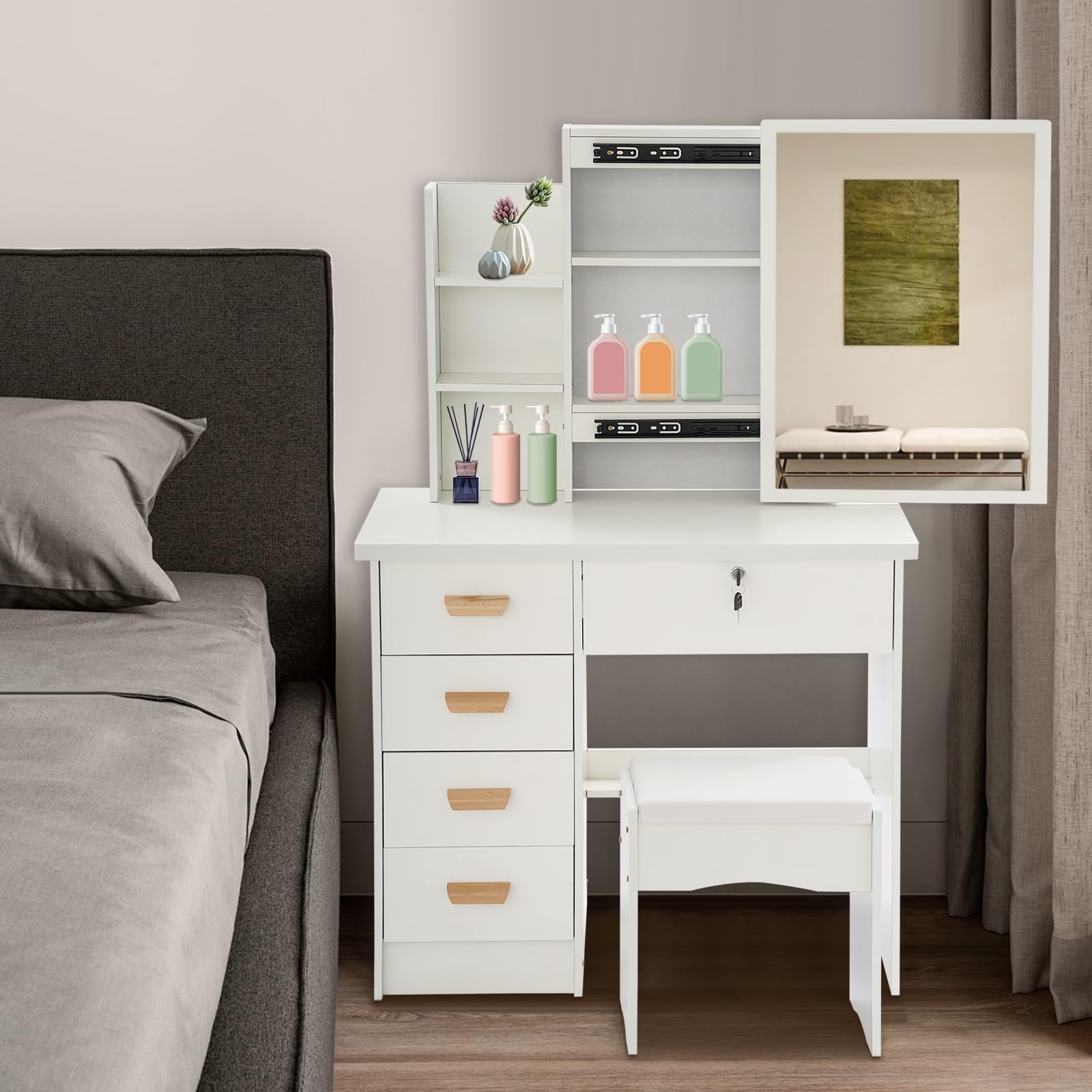 Tocador con espejo, mesa de maquillaje 5 cajones, 80 × 35 × 128 cm, con taburete, hasta 100 kg, blanco | moderno | con cerradura