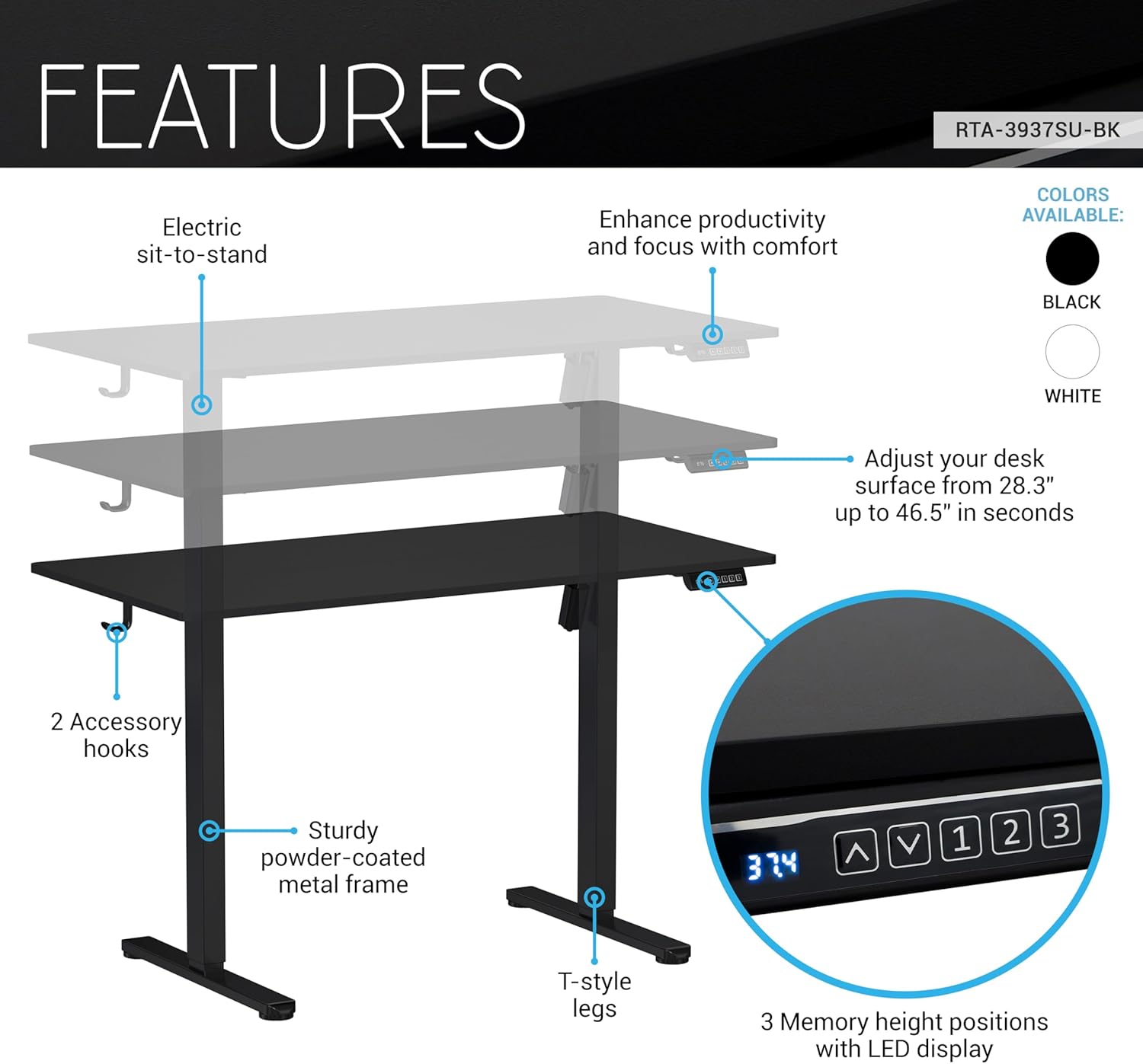 Techni Mobili 47.25” W Electric Standing Desk, Height Adjustable Sit-to-Stand Desk with 3 Memory Presets and Dual Accessory Hooks, Computer Workstation for Home or Office (Black)