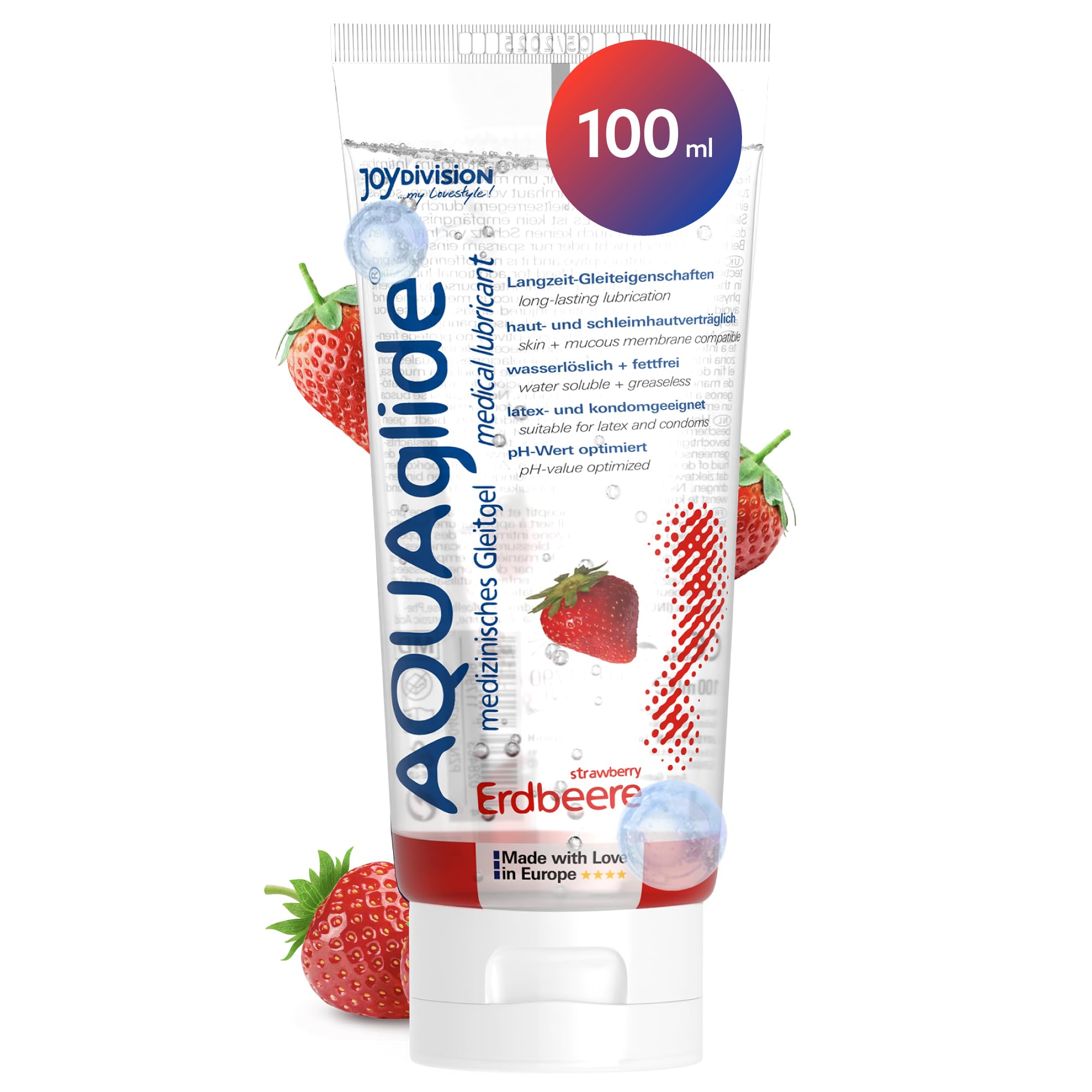 Joydivision AQUAglide Strawberry Lubricant 100ml, Vegan Lubricant, Water-Based with a Sensual Strawberry Scent, Crystal-Clear, Suitable for Latex Condoms