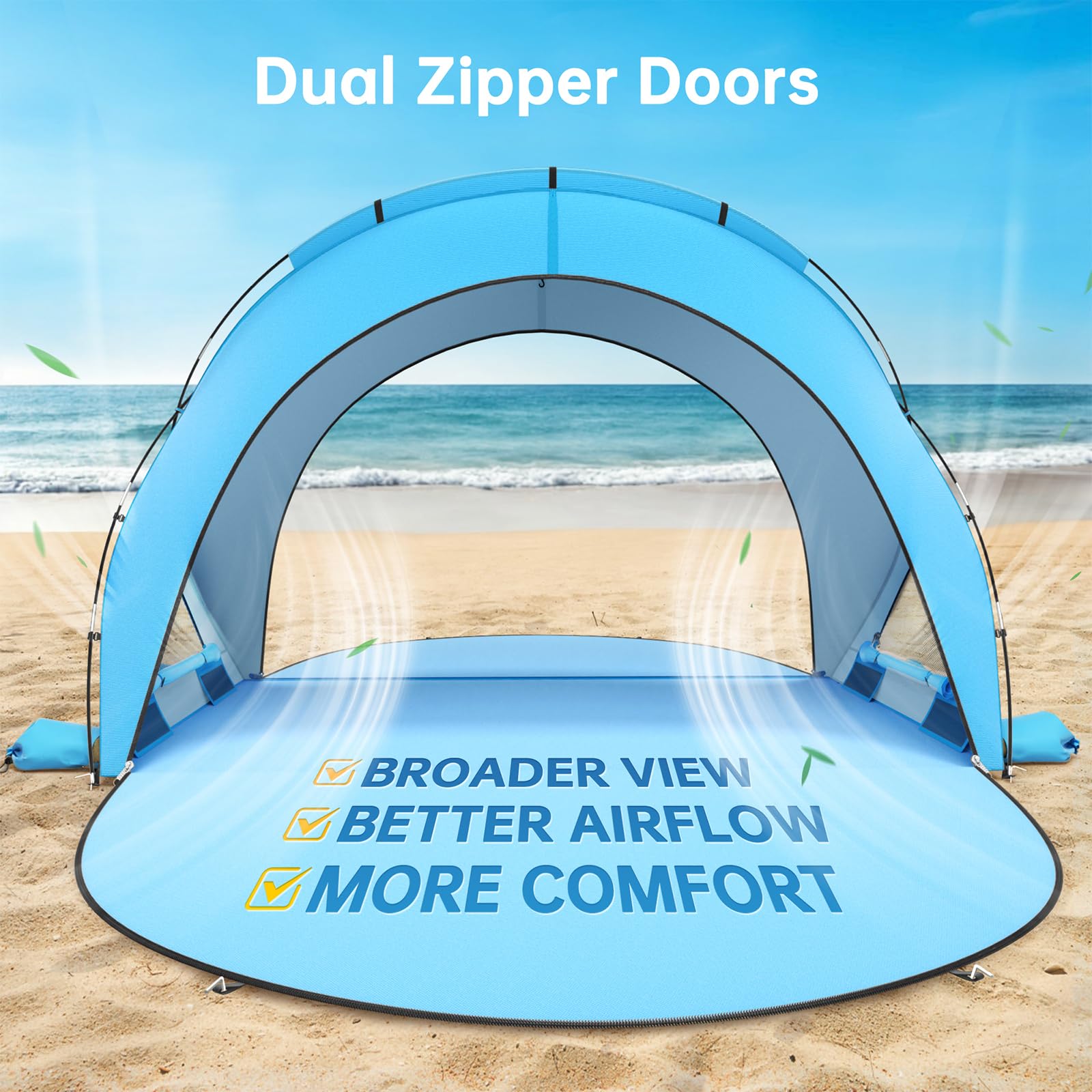 Raynesys Tenda da Spiaggia Parasole, Ombrellone con 2 Porte con Cerniera, Tenda da Spiaggia per 1-4 Persone, Parasole Portatile per Campeggio e Pesca, Blu