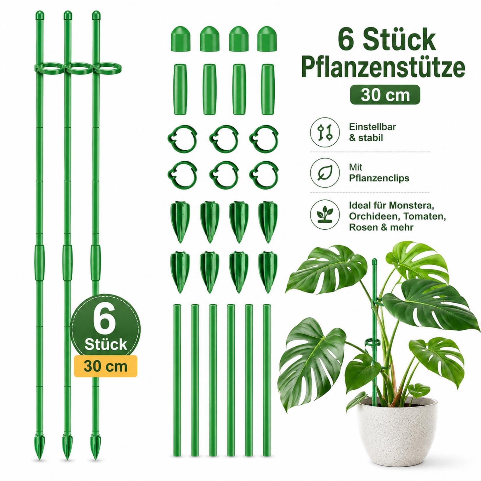 6 sztuk podpórki do roślin 30 cm, Regulowany uchwyt do roślin pnących z klipsami, Podpora do roślin dla Monstera, Orchidei, Pomidorów, Róż i innych kwiatów (zielone)