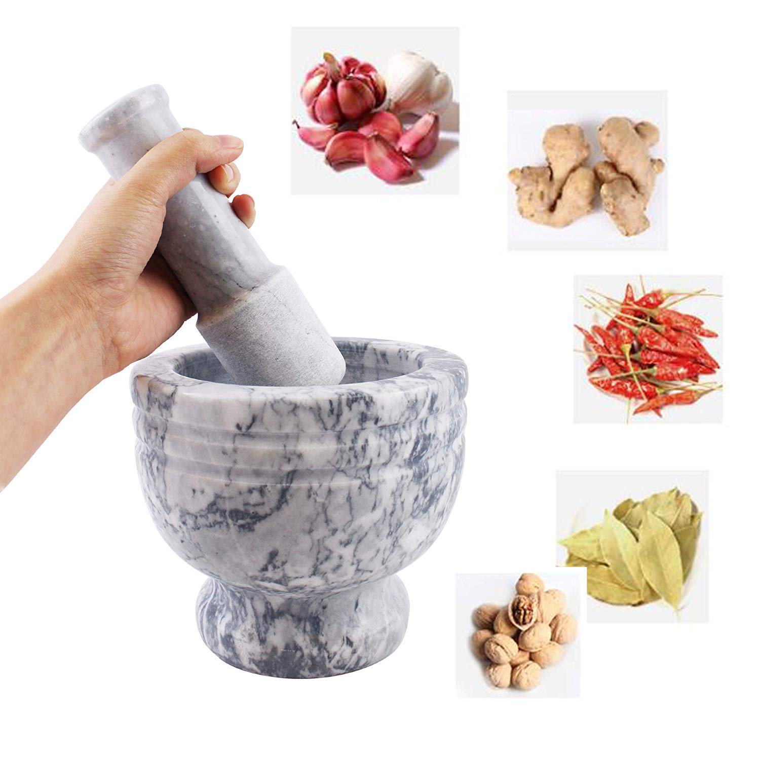 Large Marble Mortar and Pestle Set Polished Granite Crush Set for Crusher Powder Grind up Garlic Seasoning Pastes Spice Herb Grinder Home Decoration Housewarming Gift (5.75Inch, White, Polished)